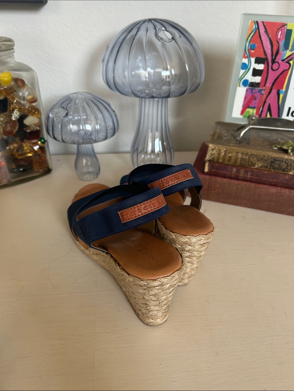 Andre Assous Navy Elastic Strap Espadrille Wedges with Tan Footbed - Picture 2 of 5